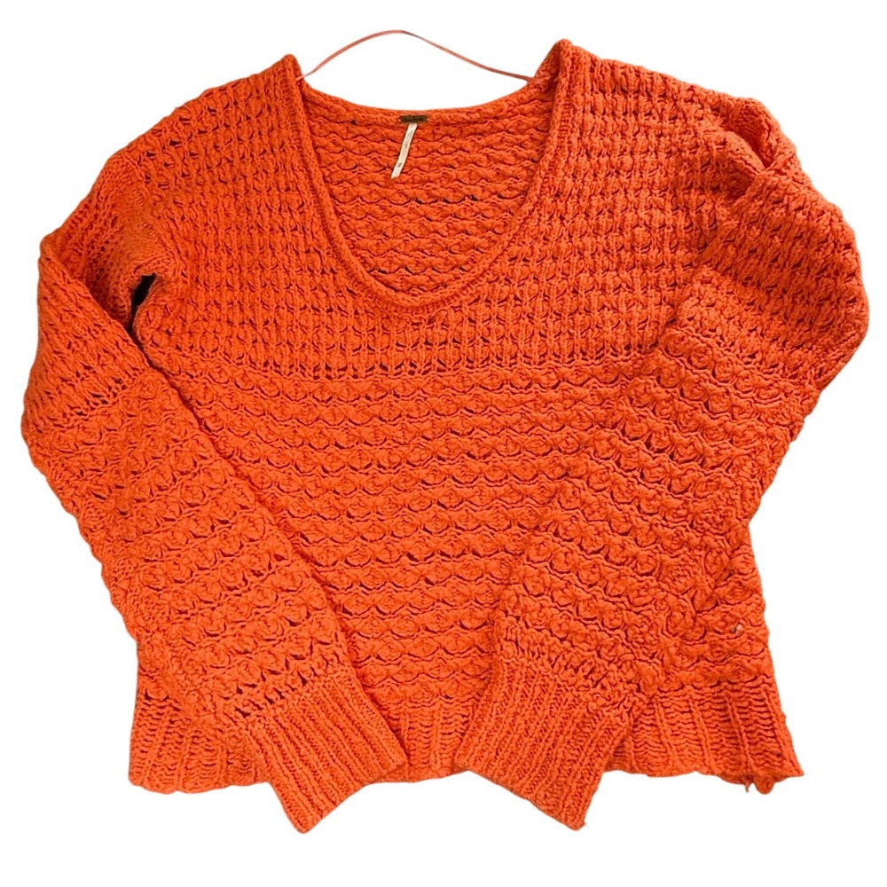 Free People Sweater Womens XS Orange Chunky Knit Scoop Neck Wool Blend Popcorn
